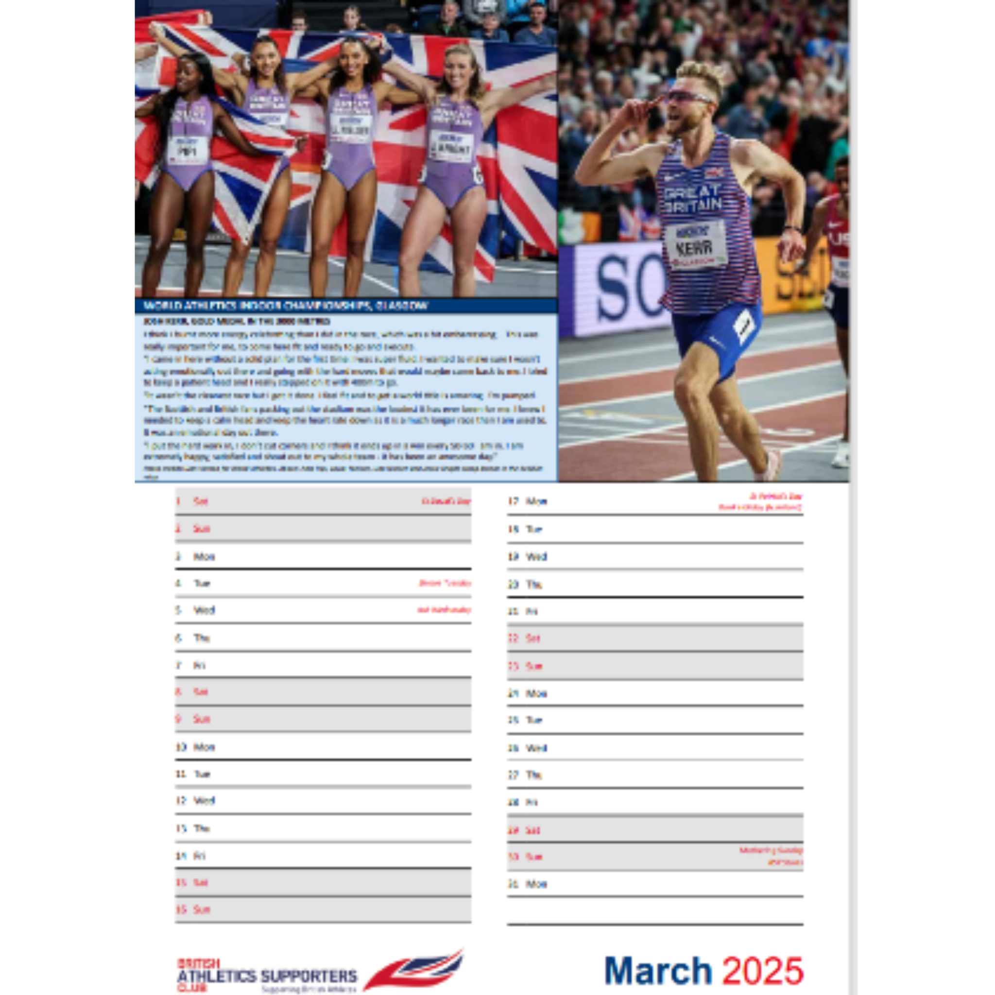 British Athletics Supporters Club Charity Calendar | 2025 | Great Places to Run | Inside page detail