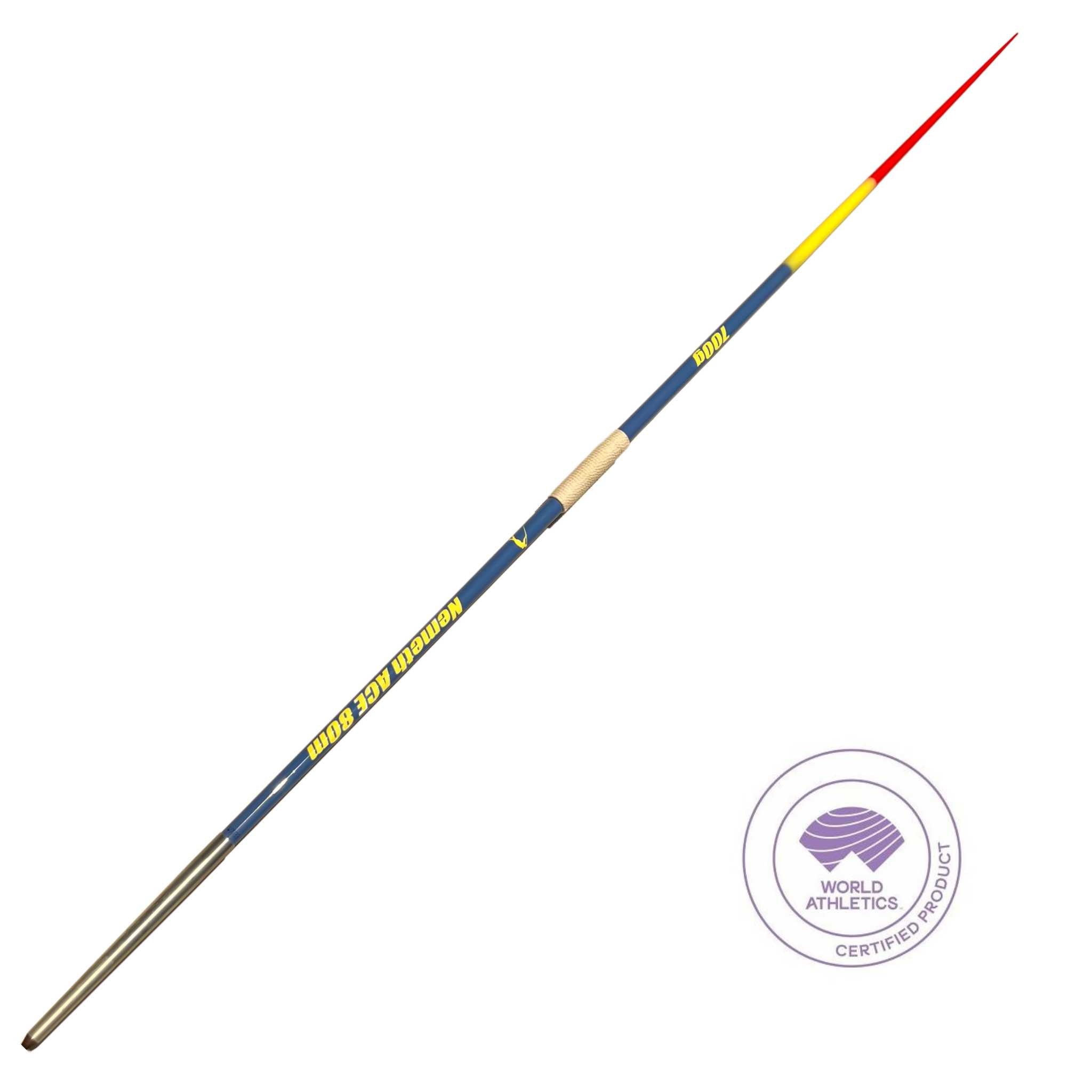 Nemeth ACE 700g Javelin | 2025 Specifications | 80m | World Athletics Certified | Blue with yellow and red tail