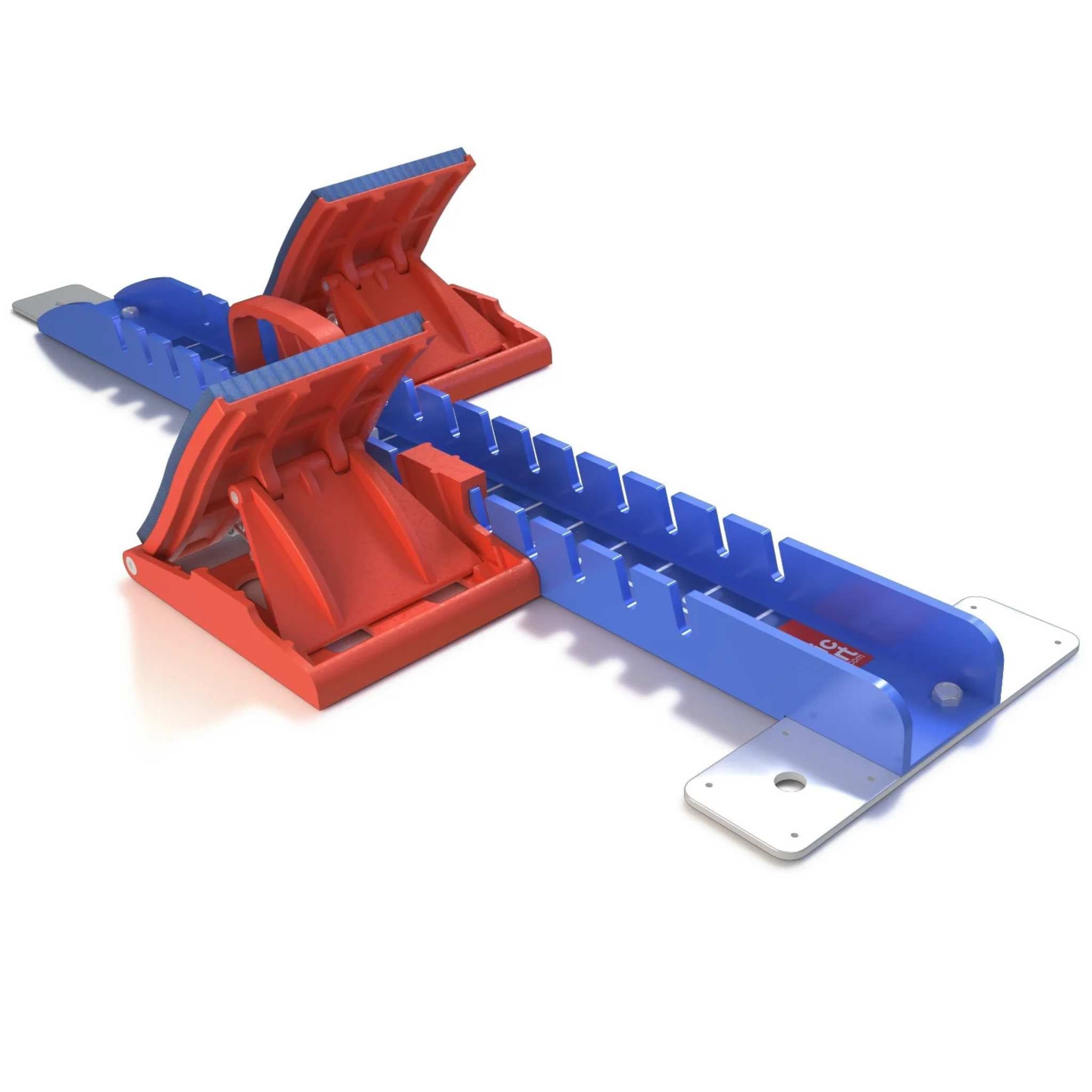 Nordic Elite Starting Blocks | Blue & Red | Aluminium with Rubber footpads | Rear view with footplate hinges