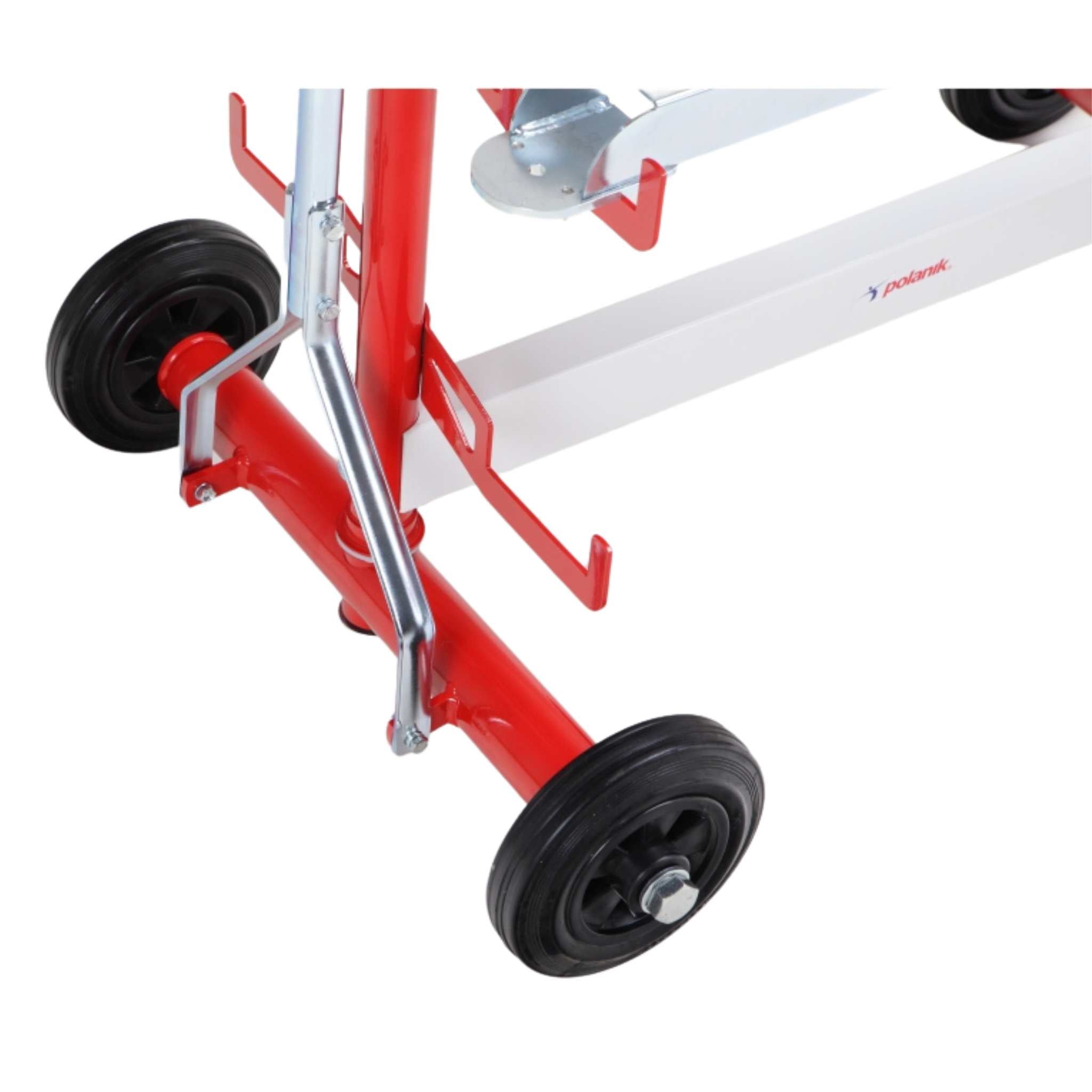 Polanik Starting Block Rack | Close up of wheels and sprung handle